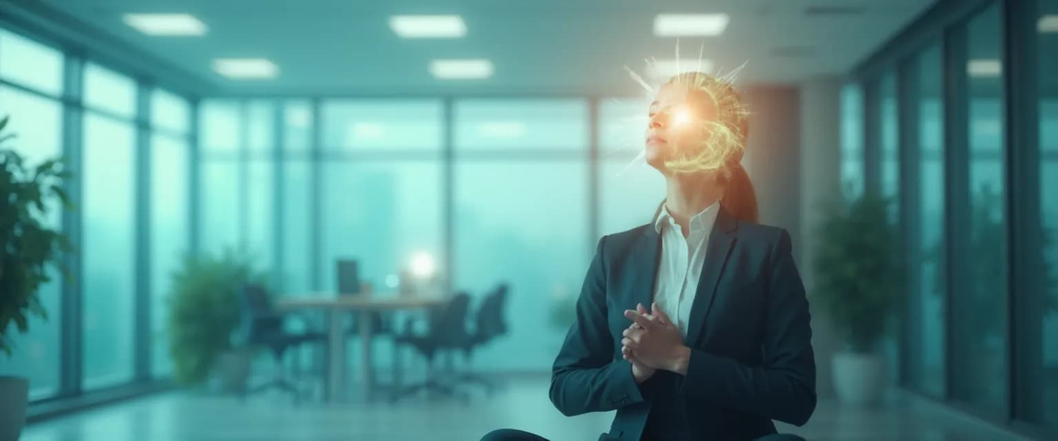 Professional taking a 5-minute mindshower at desk for mental refresh