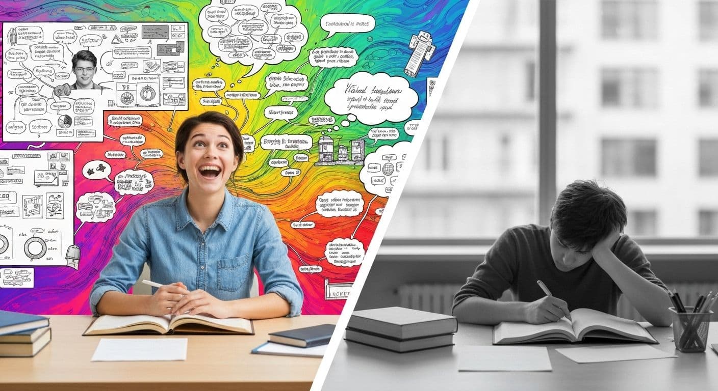 Visual learner using 16 habits of mind with colorful mind maps and spatial organization tools for effective studying