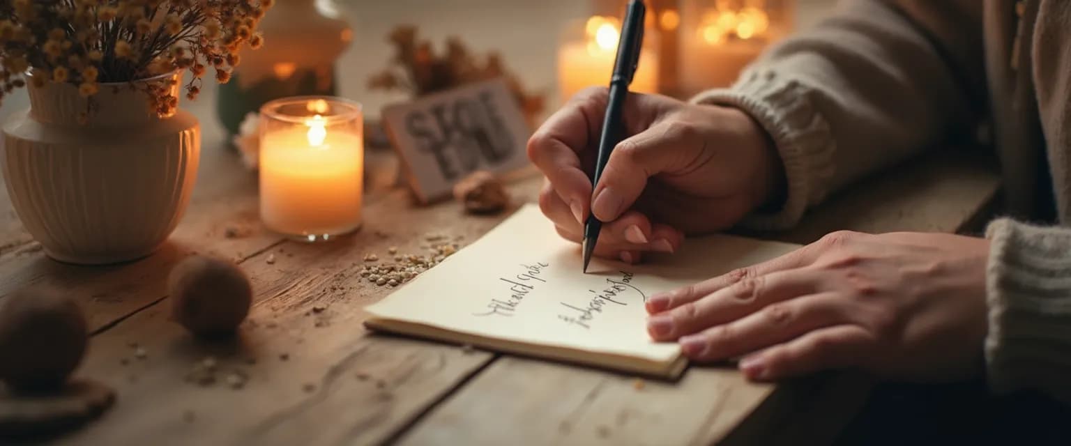 Person writing heartfelt sympathy card messages and thank you notes after experiencing loss