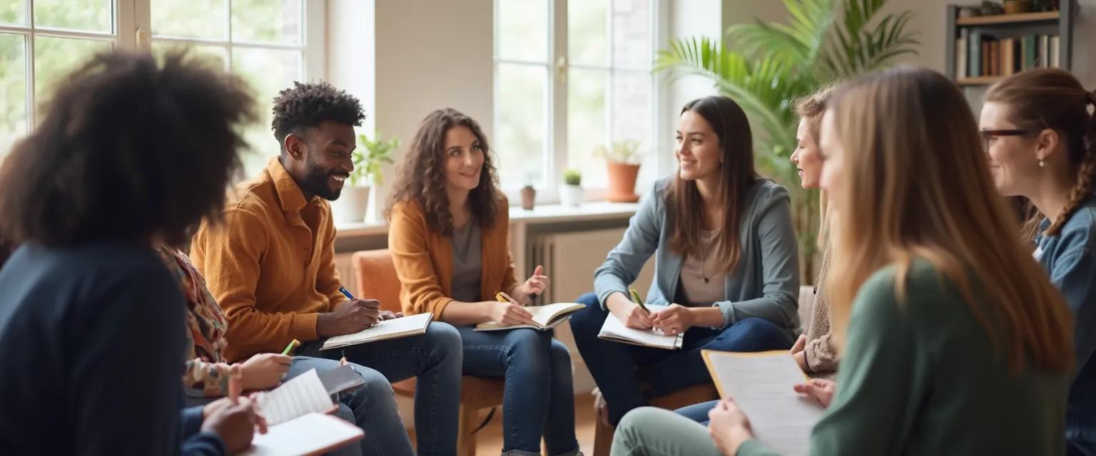 Facilitator leading a self awareness group exercise with engaged participants in a supportive circle