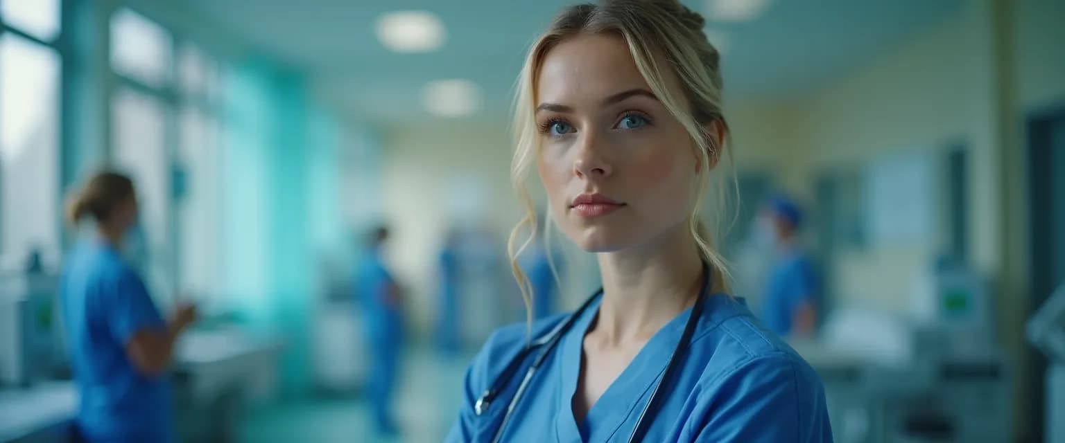 NHS nurse practicing self-awareness techniques during a busy hospital shift