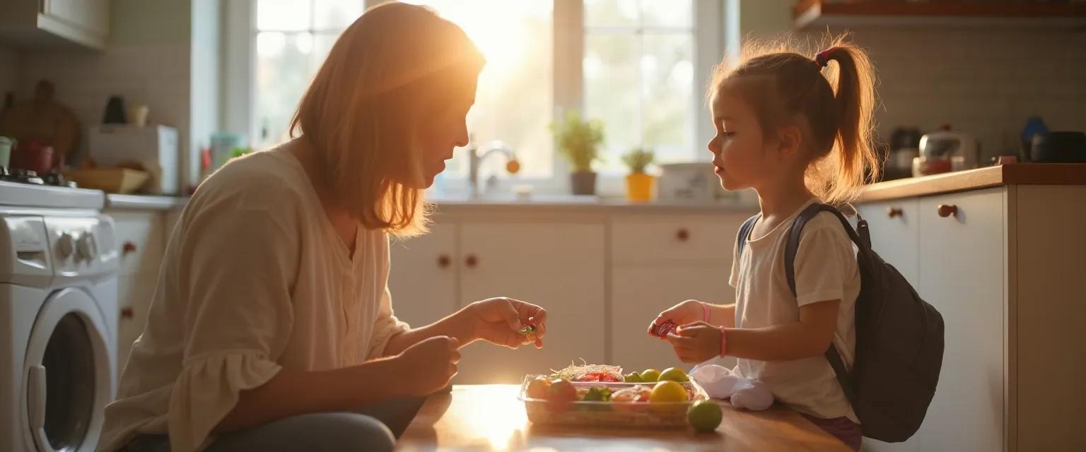 Working parent practicing emotional intellect during busy morning routine with child