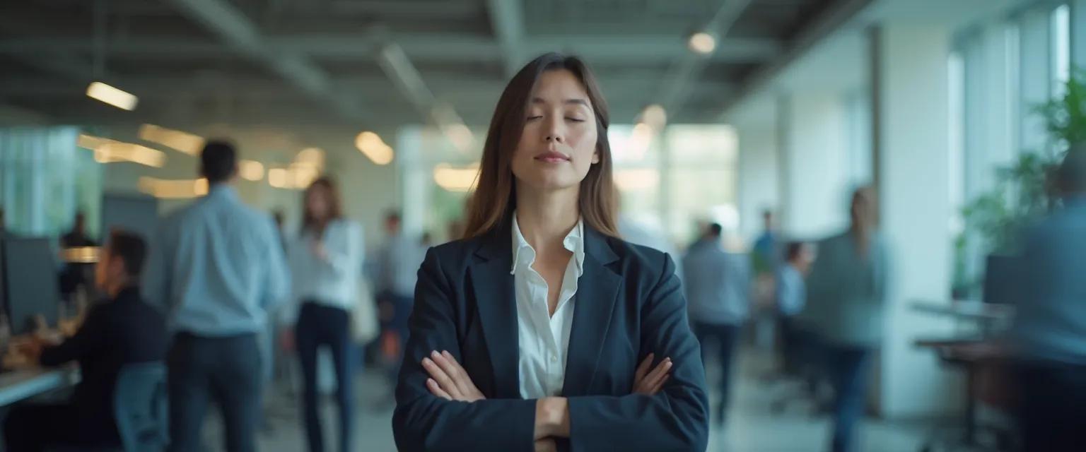 Professional demonstrating emotional effectiveness techniques in a high-pressure meeting environment
