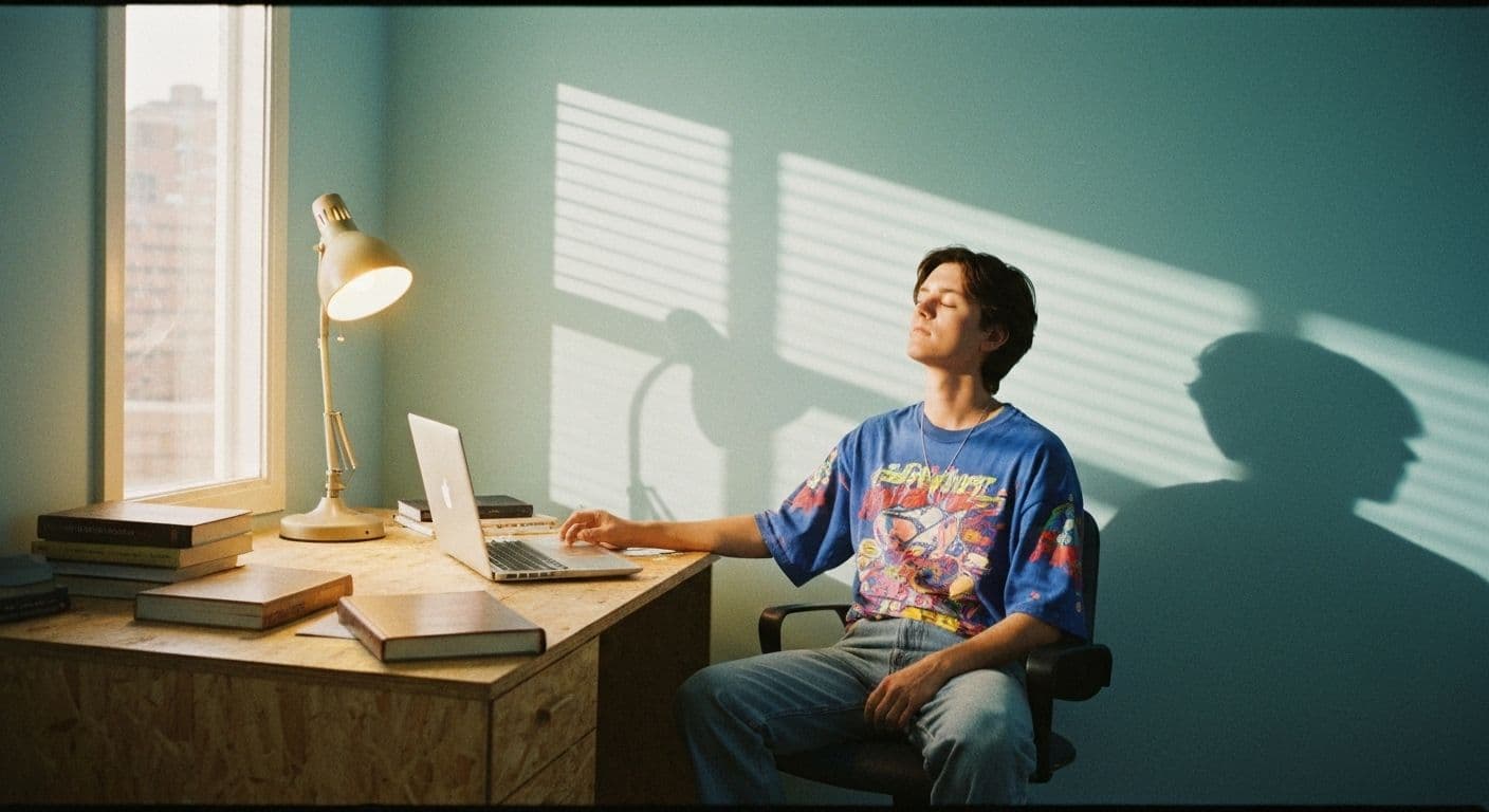 Remote worker practicing 1 Giant Mind meditation in home office for stress relief and emotional connection