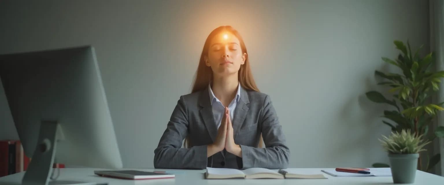 Professional using FitMind exercises at desk for mental fitness break