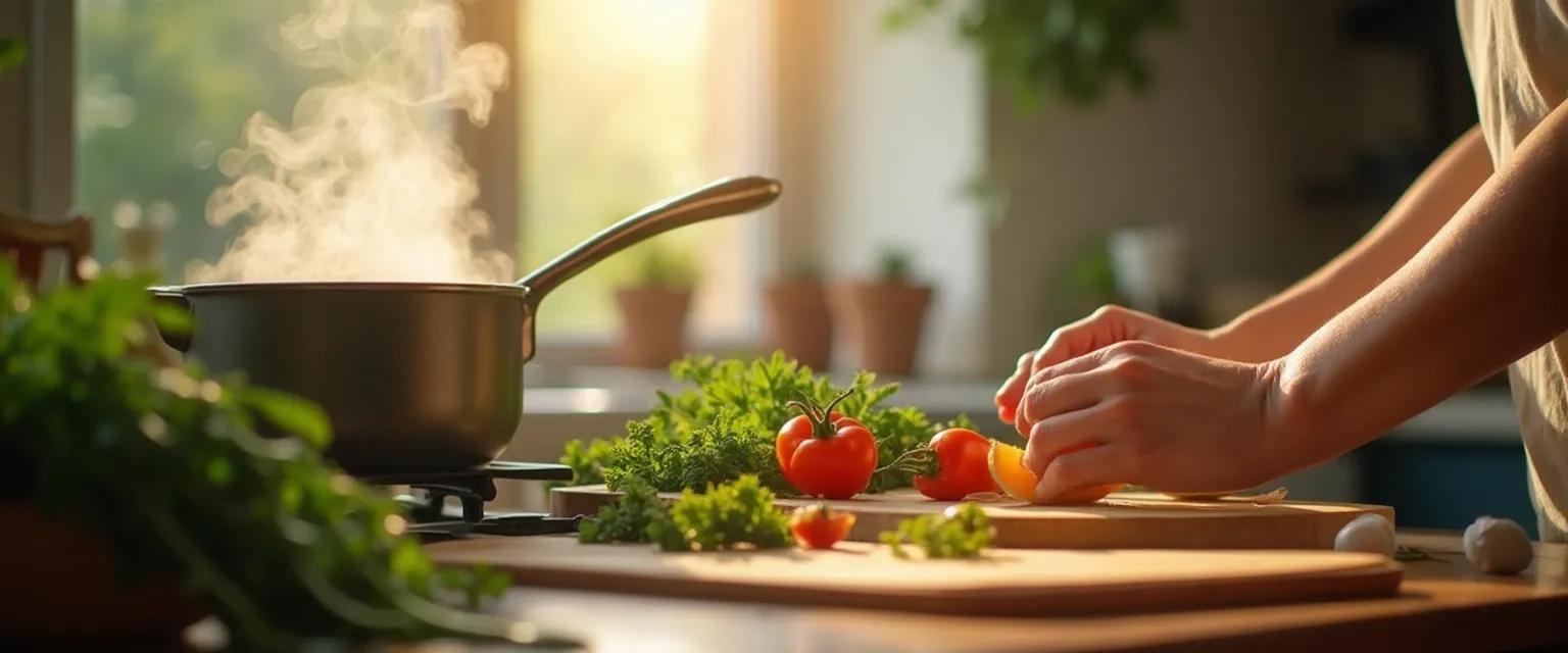 Person practicing mindful in May techniques while chopping vegetables in a peaceful kitchen
