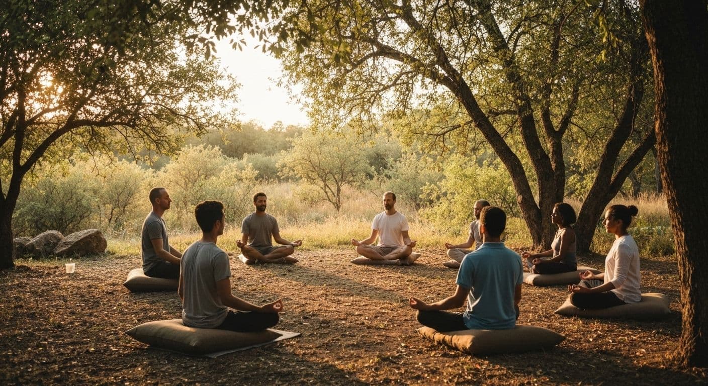 Person practicing mindfulness meditation at a peaceful local weekend retreat center near their home
