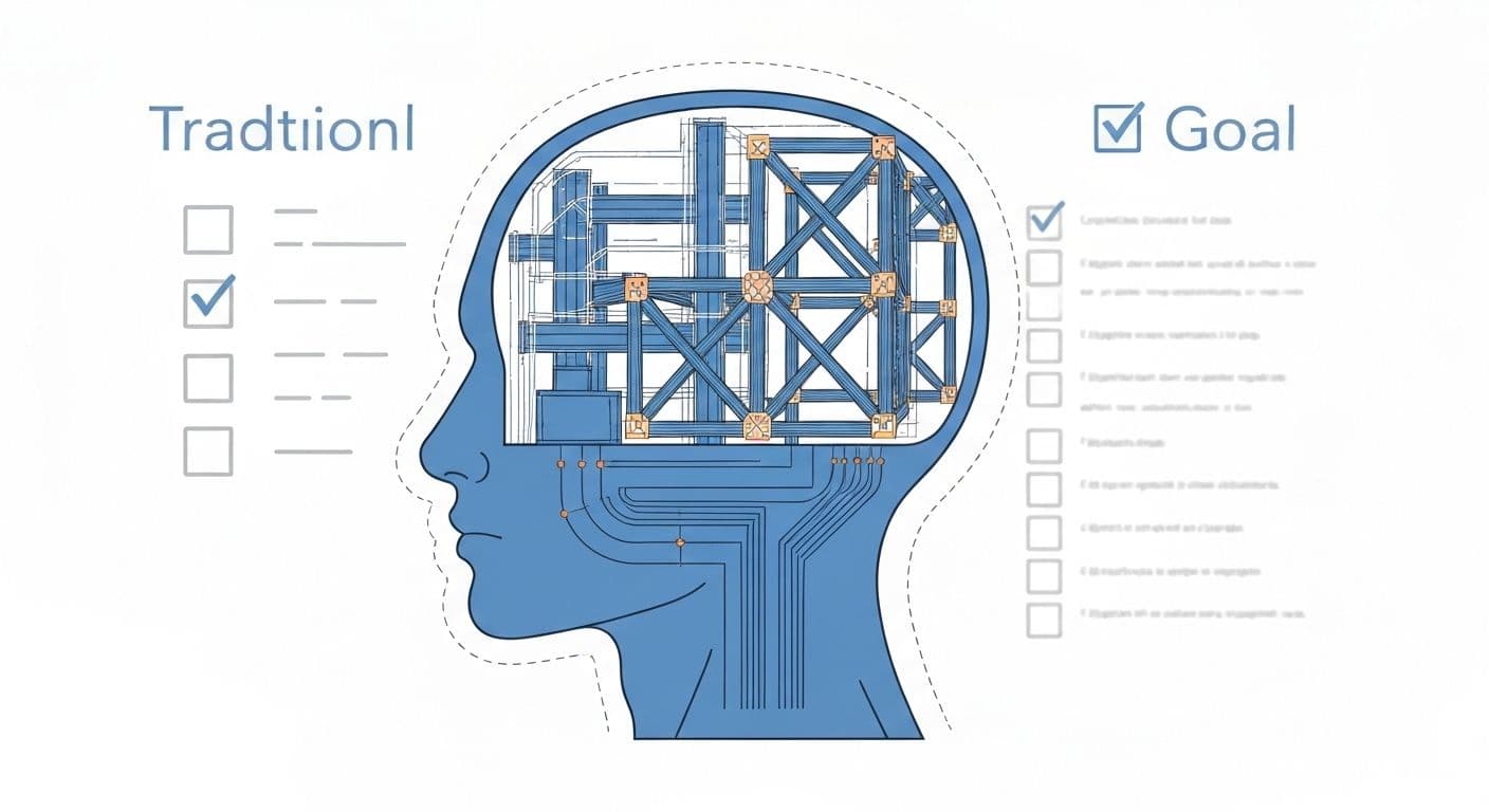 Visual diagram showing designing the mind the principles of psychitecture versus traditional goal-setting approaches with mental architecture framework