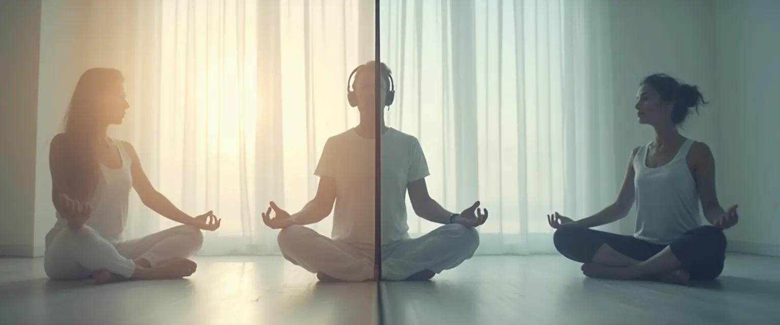 Person practicing mindfulness meditation for beginners with options for silent sitting or using guided tracks