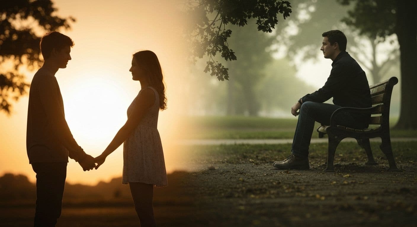 Person reflecting on emotional patterns from first love breakup affecting future relationships