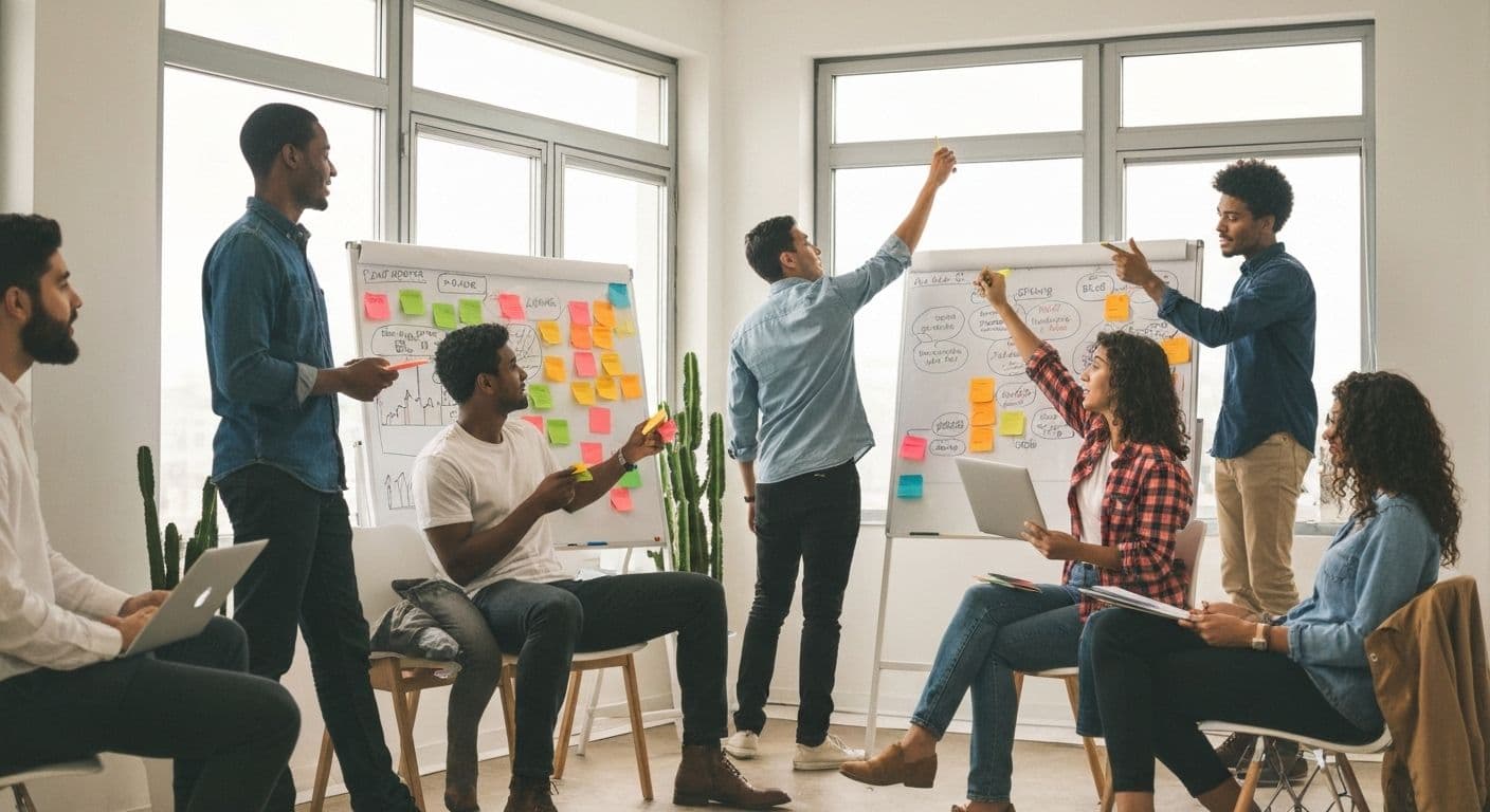 Team practicing institute for creative mindfulness techniques during a workplace meeting