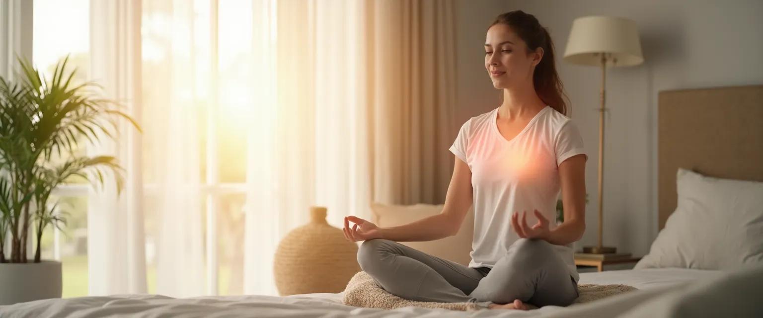 Person practicing Mark Williams' 10-minute sitting meditation with supportive props for chronic pain
