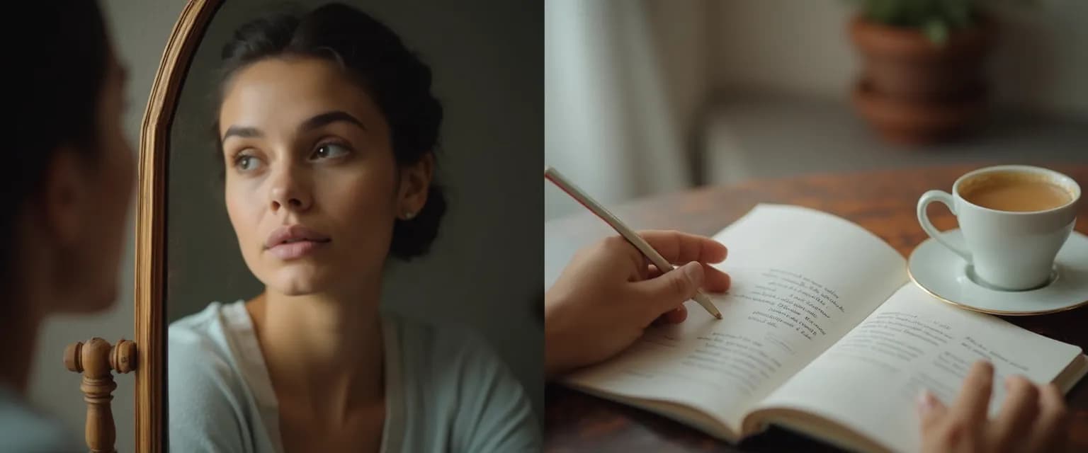 Person practicing self concept and awareness techniques through mirror work and alternative journaling methods