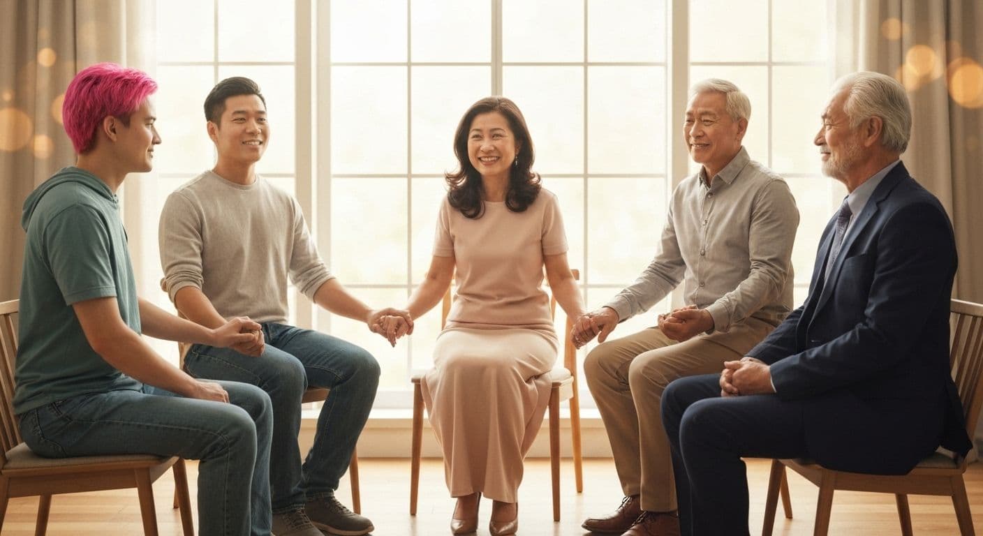 Family members sitting together in respectful conversation demonstrating one in mind unity during conflict resolution