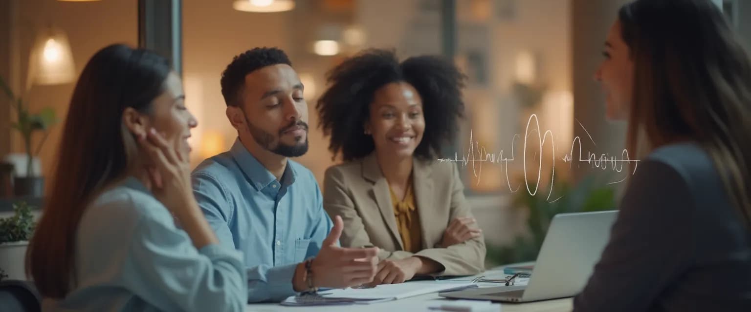 Colleagues practicing mindful speaking and listening techniques in a workplace meeting
