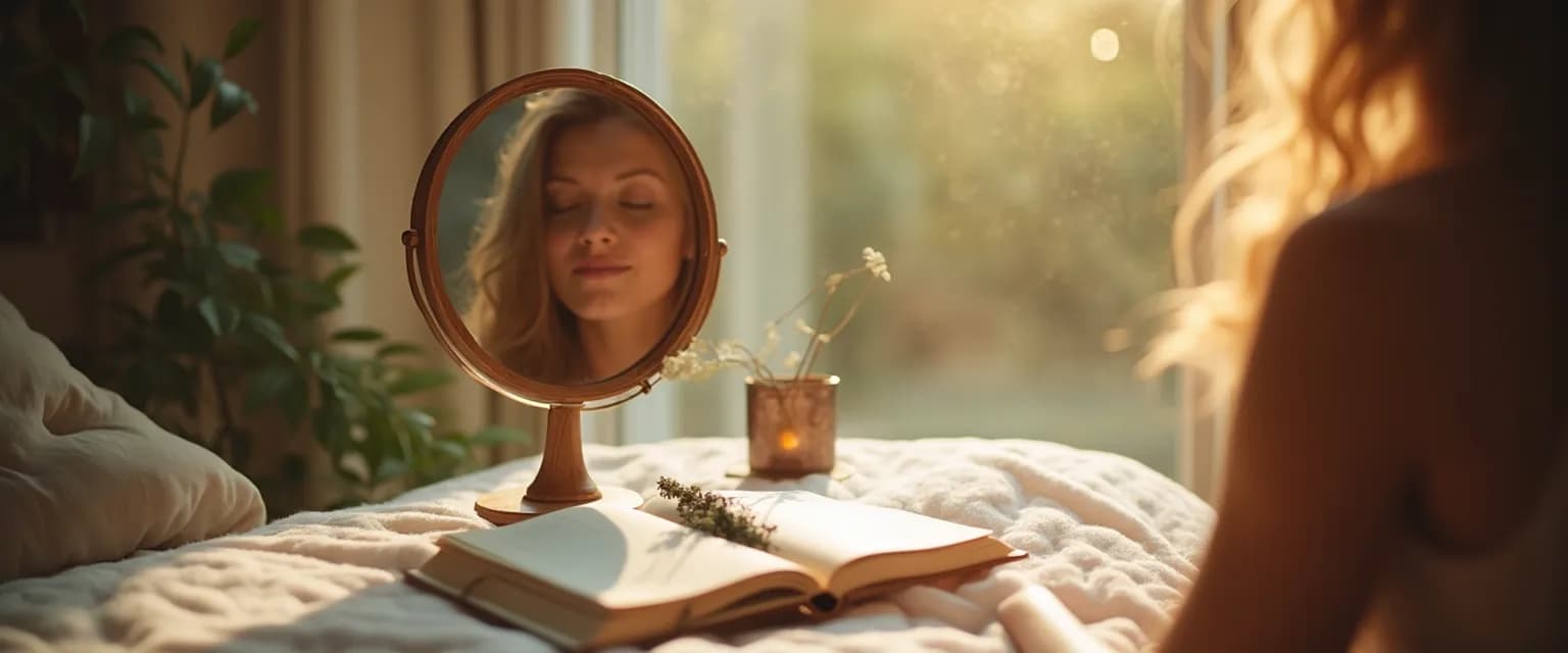 Person practicing a self awareness technique using mirror moments reflection