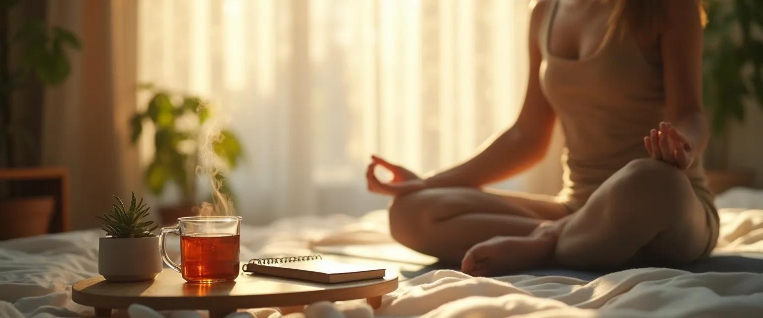 Person practicing morning mindfulness for beginners with a cup of tea by a window