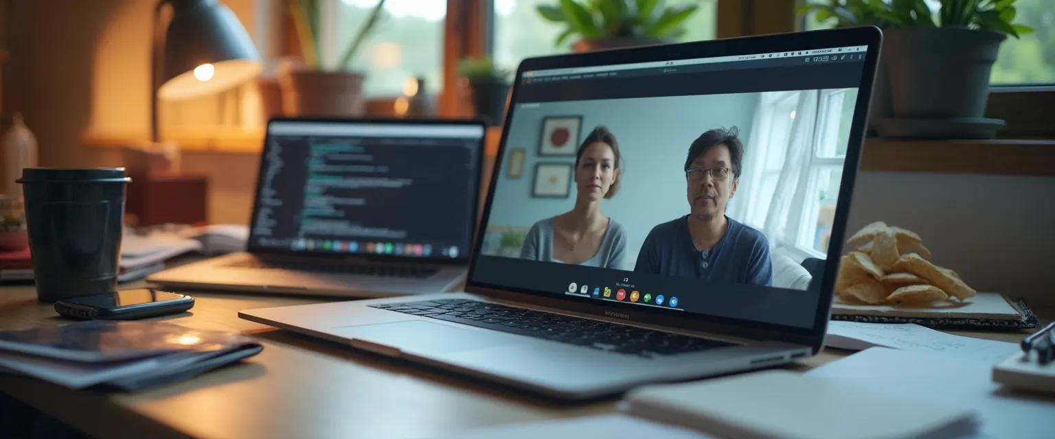 Professional overcoming procrastination in virtual meetings with optimized workspace setup