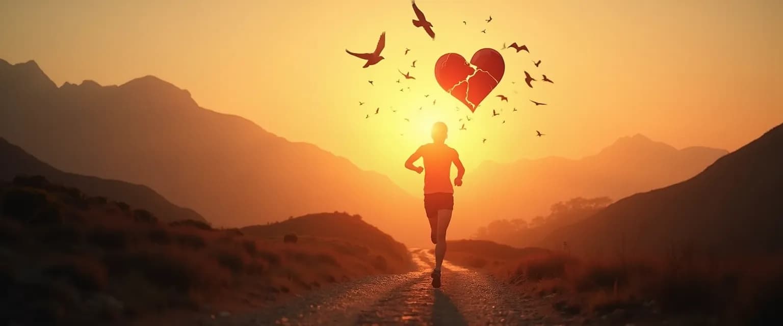 Person exercising outdoors while in a heartbreak, showing determination and healing