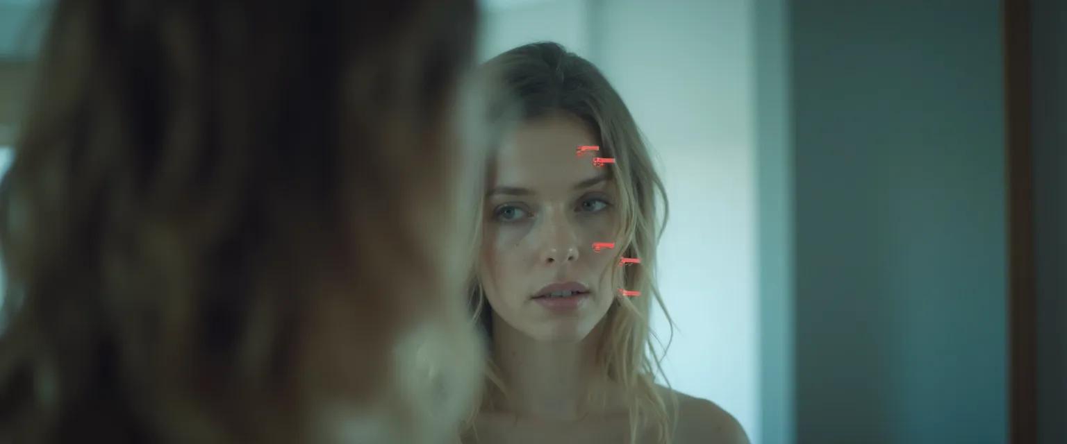 Person recognizing signs of losing self-awareness in a mirror reflection
