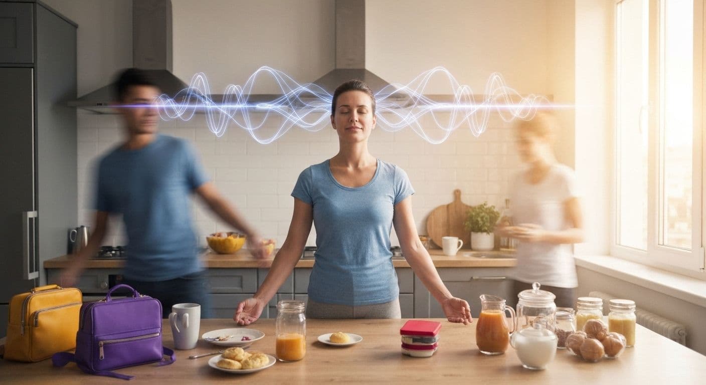 Parent finding calm alpha state of mind during busy morning routine with children