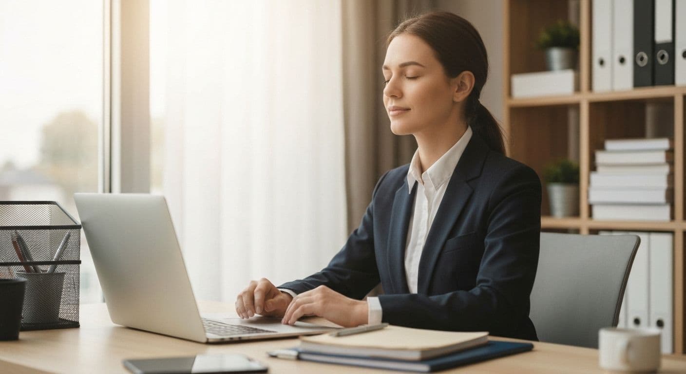 Professional practicing right mindfulness during workplace decision-making with present-moment awareness