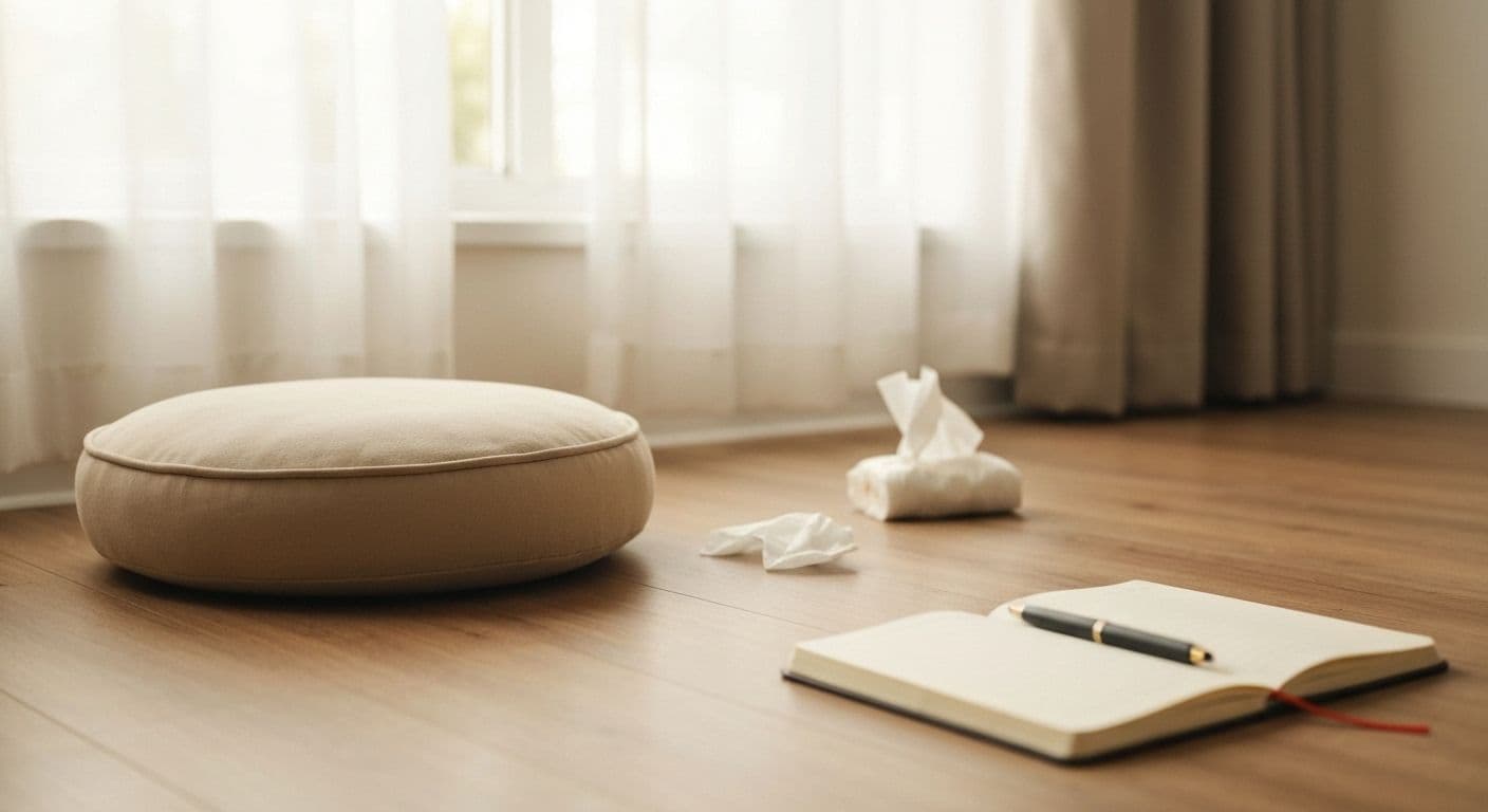 Person practicing gentle movement-based meditation and grief management techniques in peaceful setting