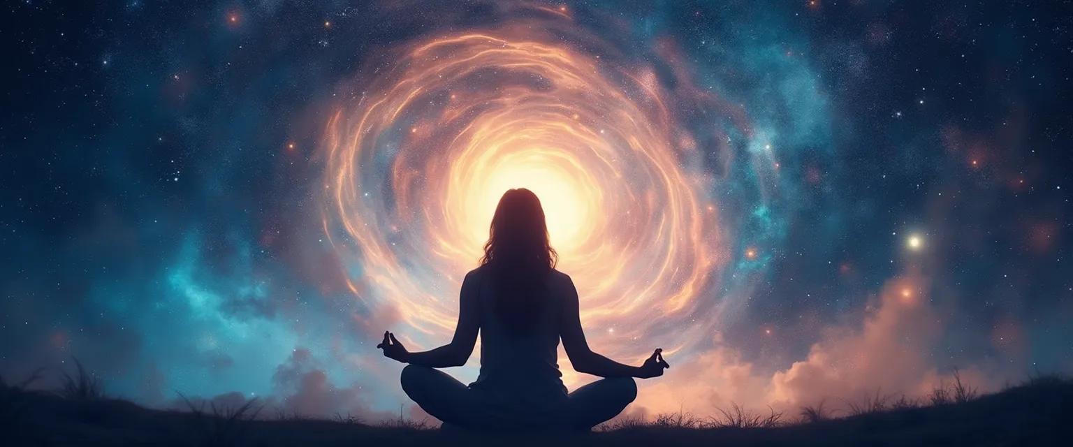 Person practicing cosmic mind meditation for stress relief with peaceful expression