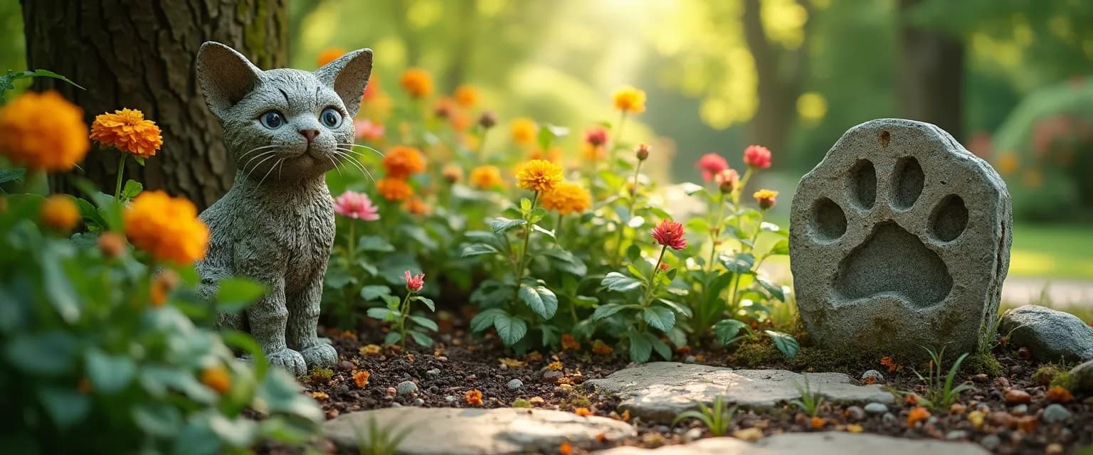 Peaceful cat memorial garden with flowers for coping with loss of cat