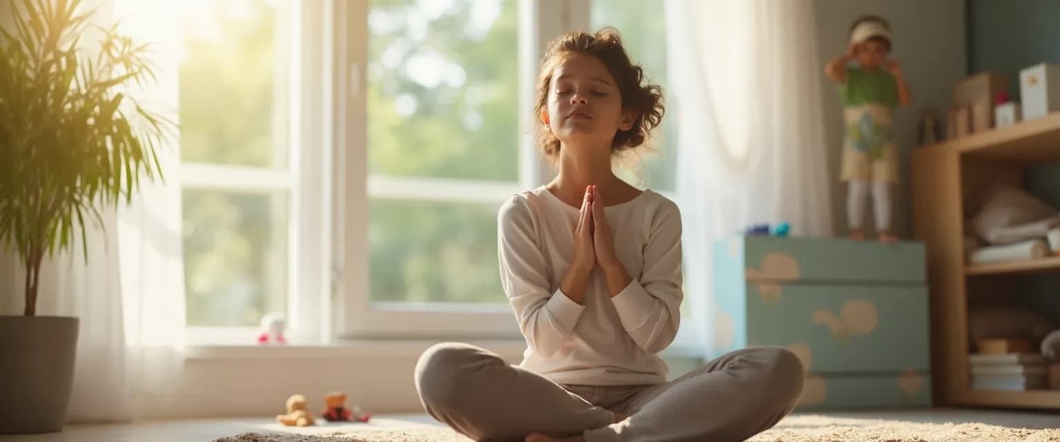 Parent practicing 5-minute mindfulness stress reduction technique while child plays nearby