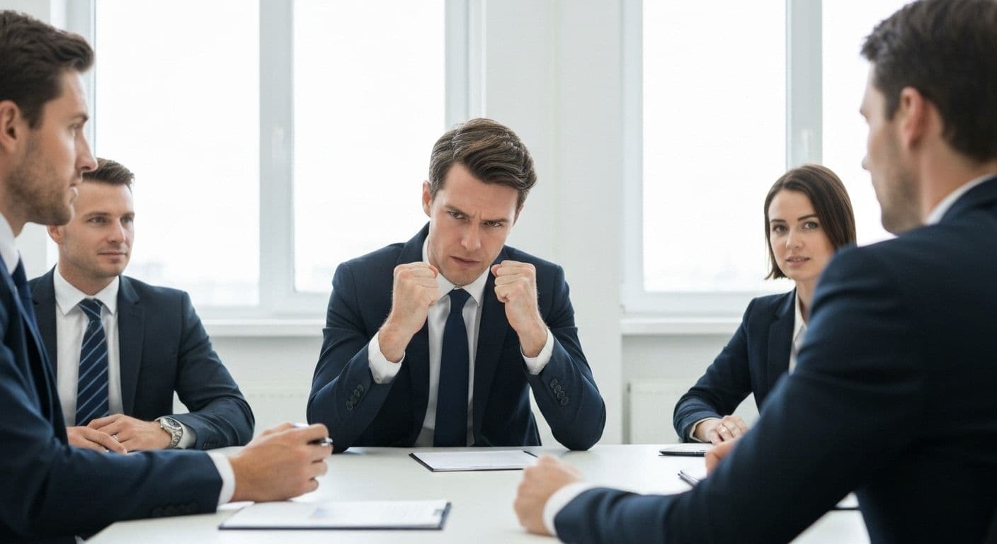 Professional demonstrating public self awareness examples by recognizing tension in a meeting setting