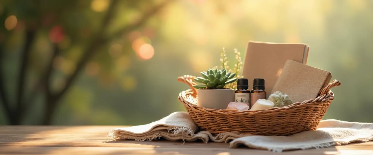 Beautifully arranged DIY mindfulness gifts basket with calming items for mental wellbeing