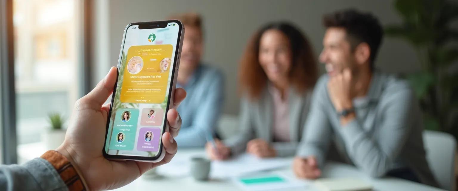 Employee using app HR solution on mobile device for workplace engagement