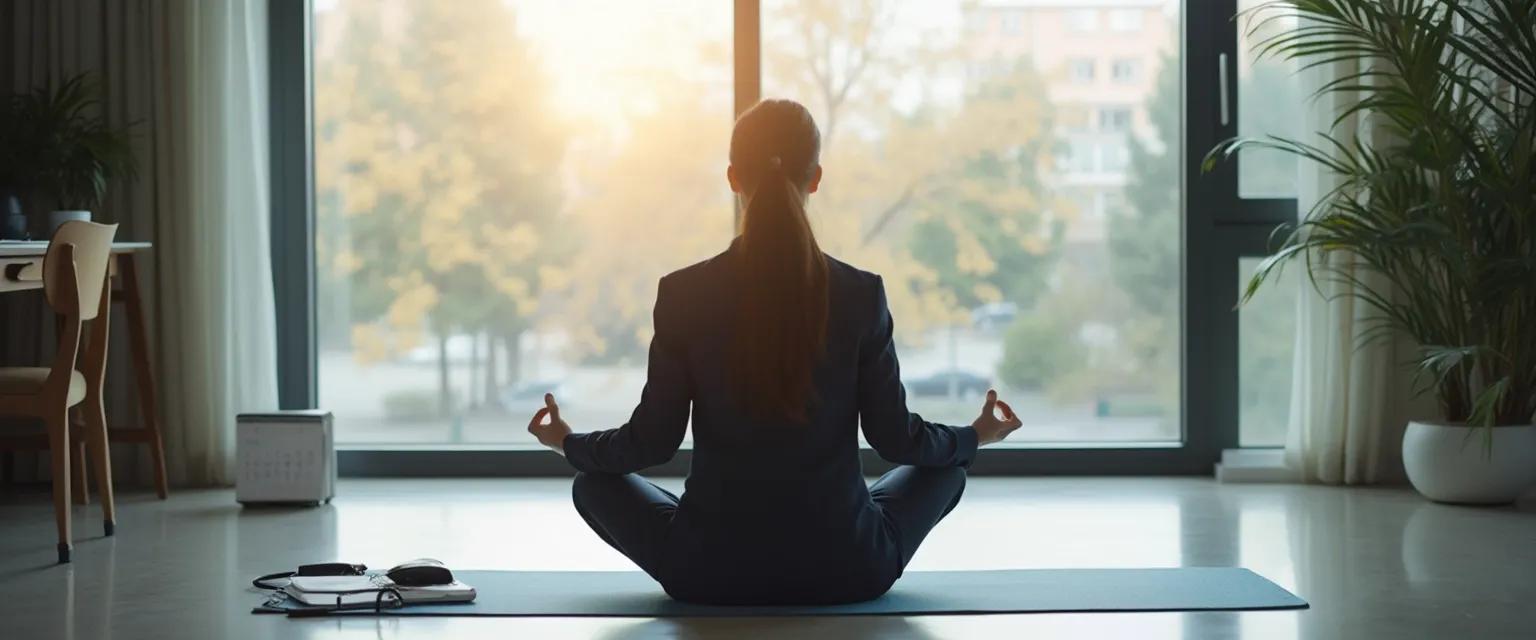 Professional practicing Mark Williams mindfulness exercise at desk