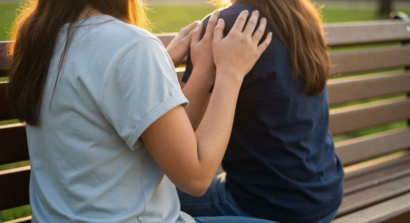 Two friends having a supportive conversation demonstrating how good grief enhances empathy and friendship connections