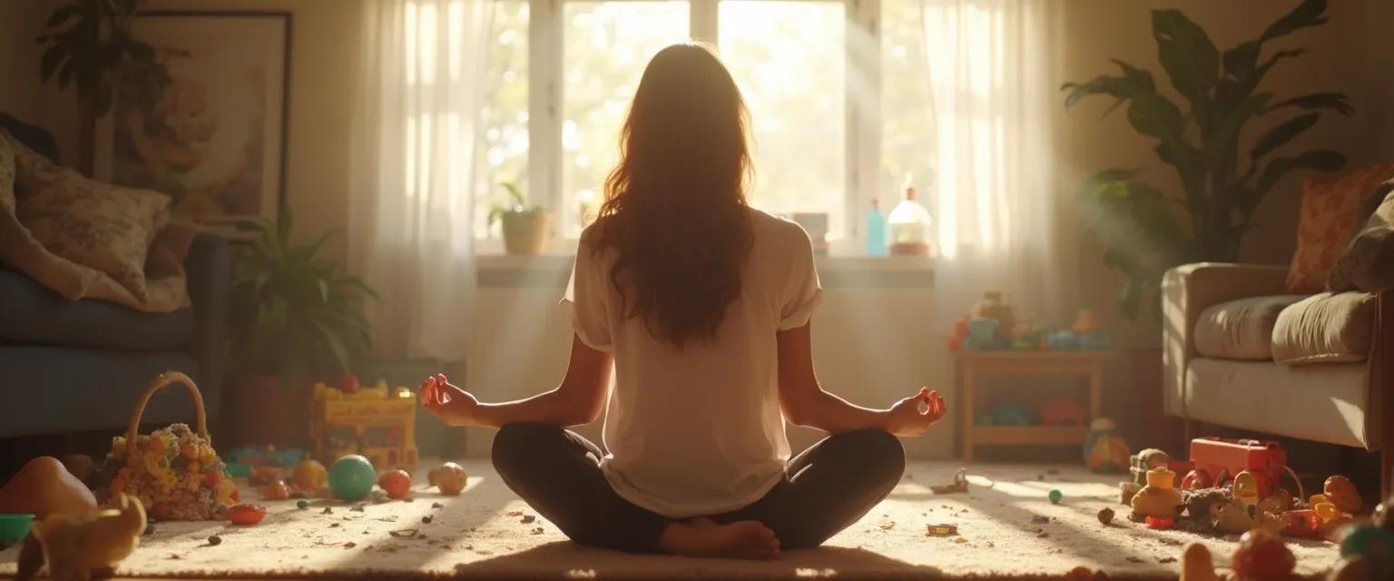 Parent practicing mindful thinking during a busy family moment