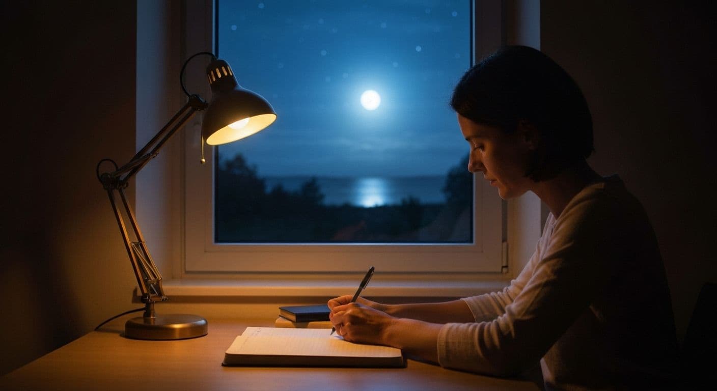 Person writing grief journal prompts in notebook at bedtime for better sleep