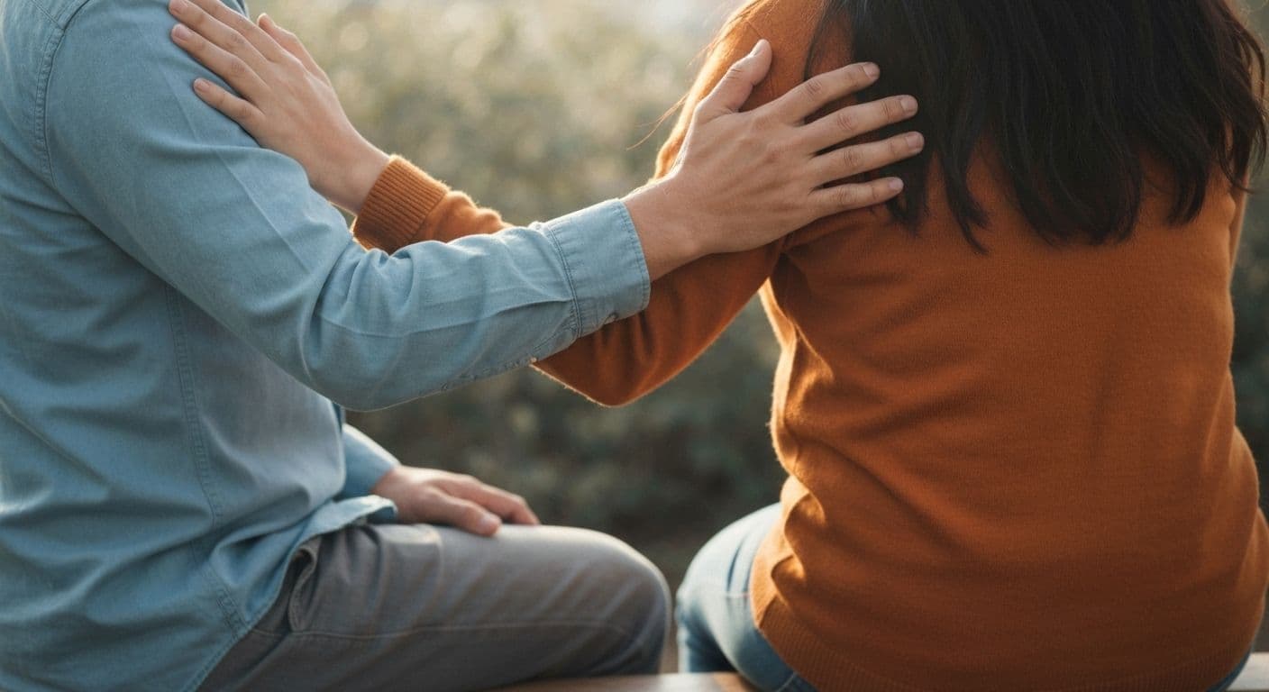 Two friends sitting together in supportive silence, illustrating what to say to a bereaved friend through presence