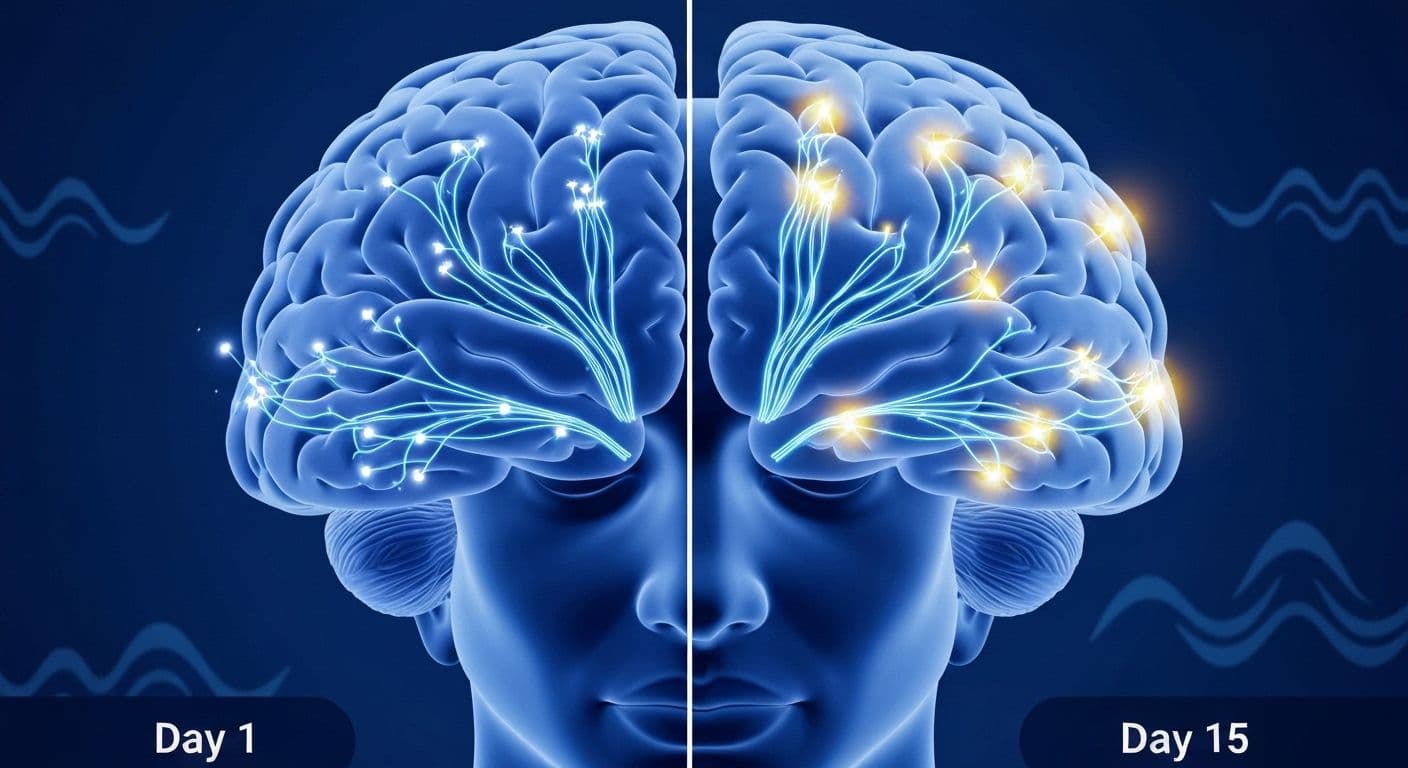 Brain illustration showing neural pathways strengthening during 15 days self awareness practice