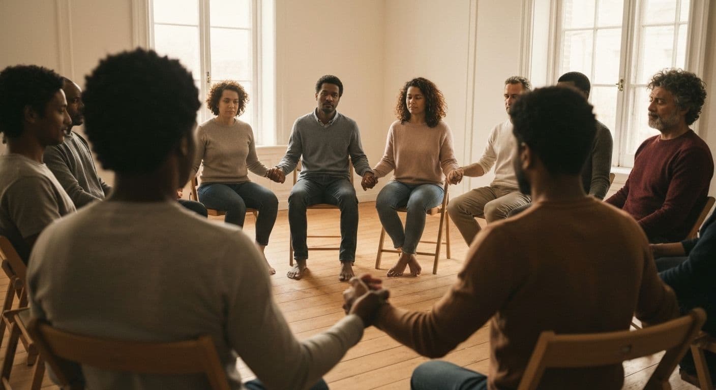 Supportive grief groups gathering in circle demonstrating collective healing and shared emotional processing