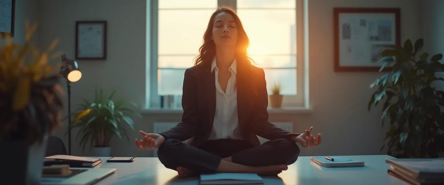 Professional practicing quick emotional intelligence techniques at desk