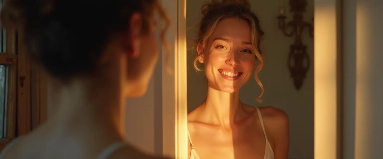 Woman looking in mirror representing the relationship between self-awareness and self-esteem