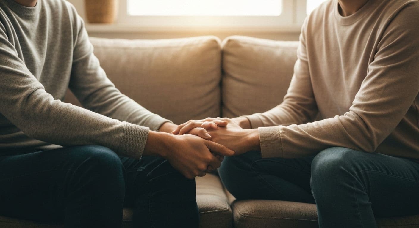 Two friends sitting together on a bench, one comforting the other, illustrating helping with grief through supportive presence