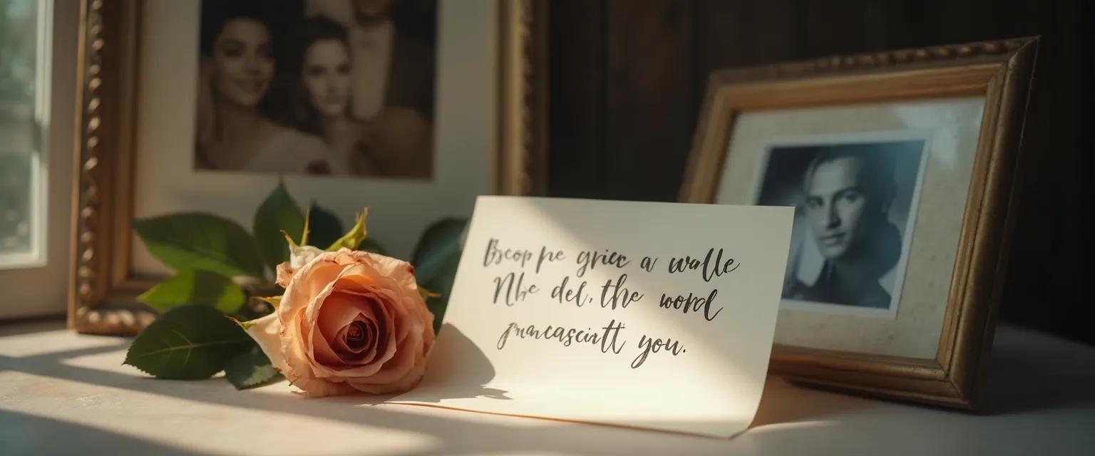 Handwritten message for sympathy card loss of husband with flowers and memorial photo