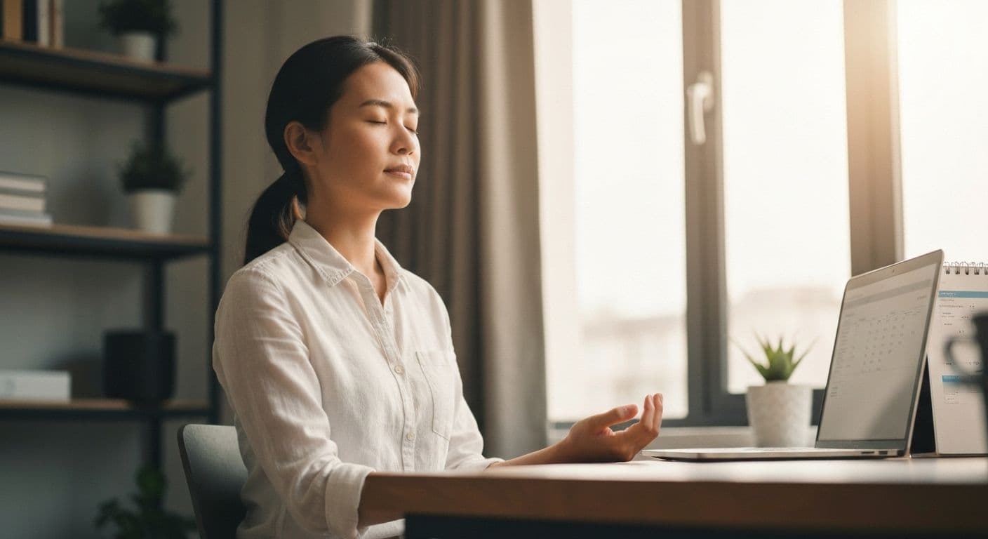 Person taking a mindful minute break to pause and reset during a stressful workday