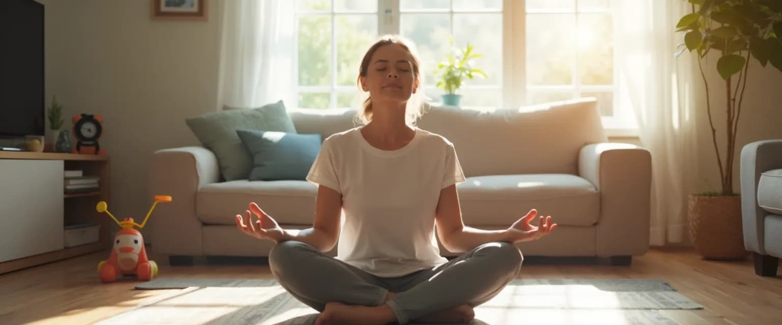 Mother practicing a 5-minute meditation for peace of mind while her children play nearby