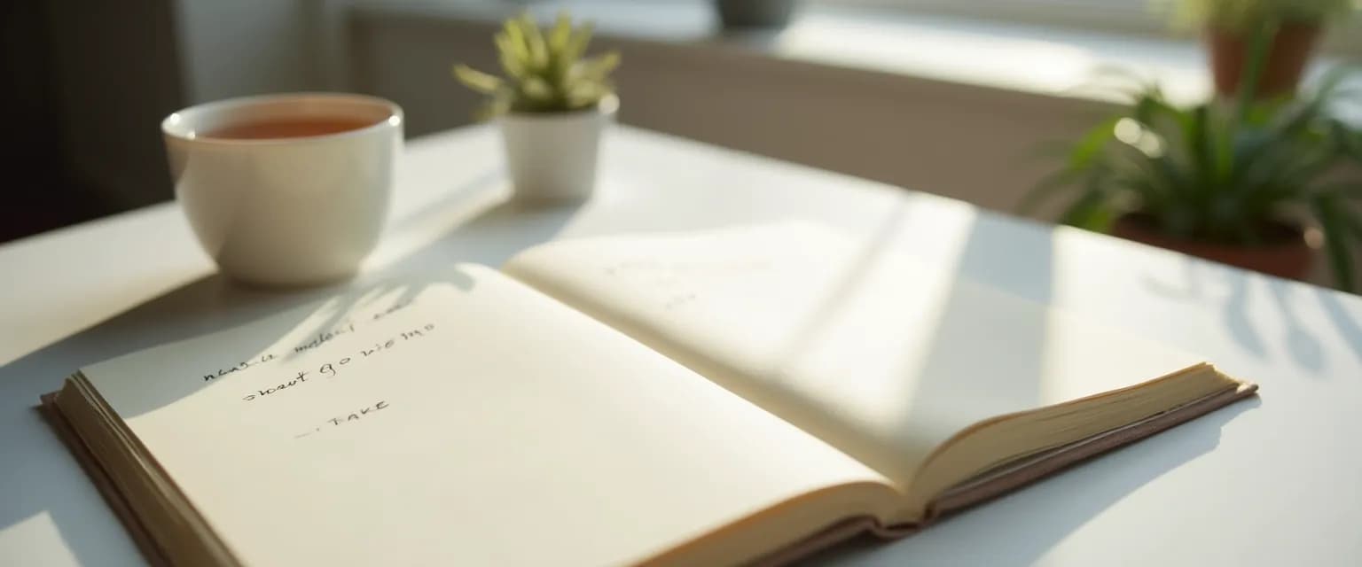 Person writing in a mindfulness journal with a cup of tea, demonstrating a 5-minute practice