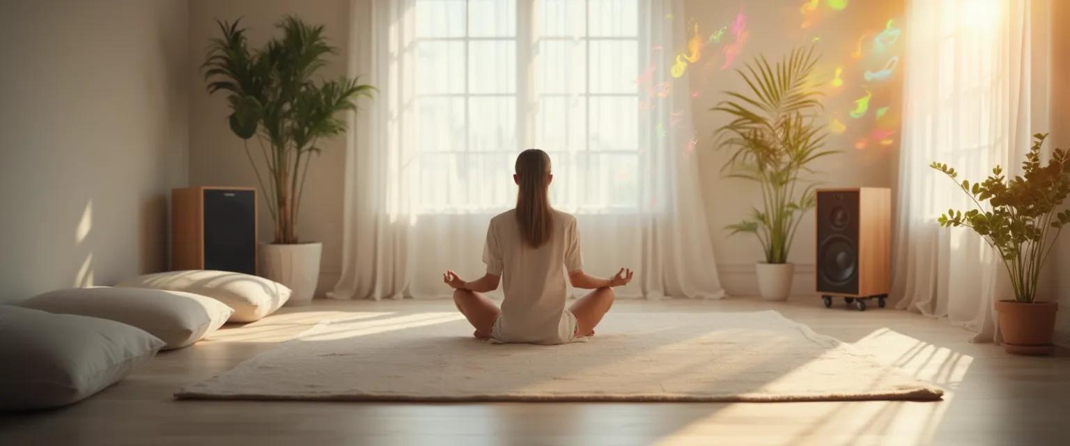 Cozy home sanctuary designed for listening to music mindfully with comfortable seating and ambient lighting