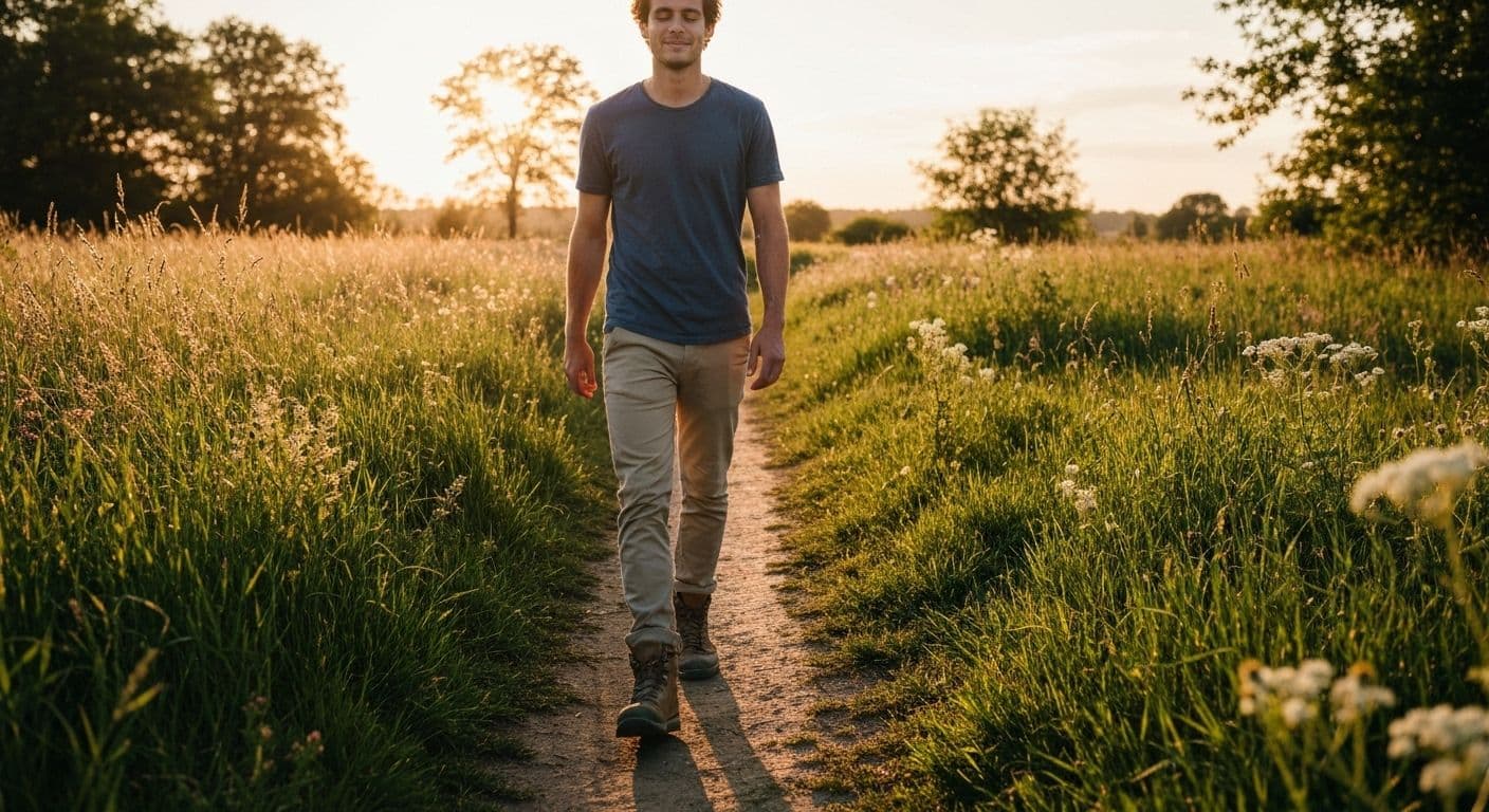 Person practicing mindful walking outdoors with focus on present moment awareness
