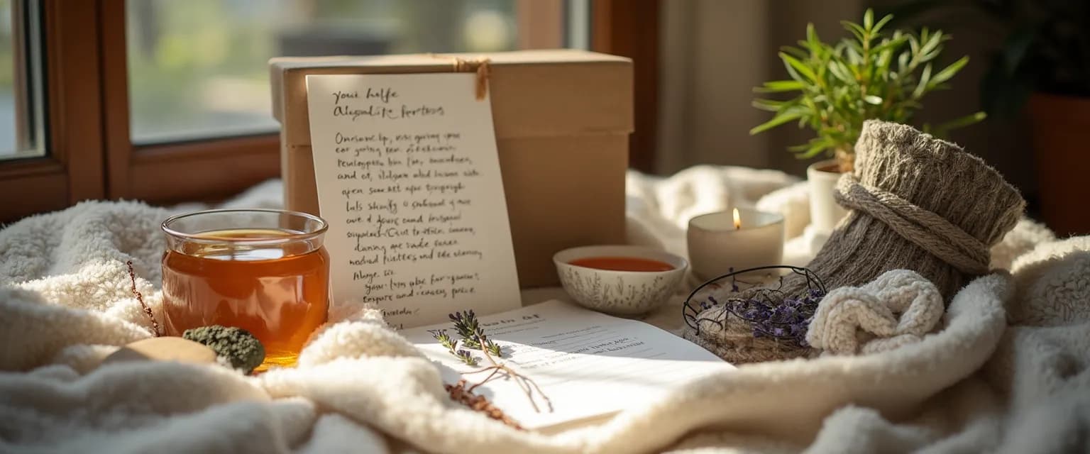Thoughtful care package items showing what to give someone grieving at different stages